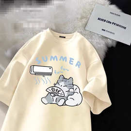 儿童中大童夏季新款短袖T恤女童重磅纯棉可爱猫咪简约男潮牌上衣t