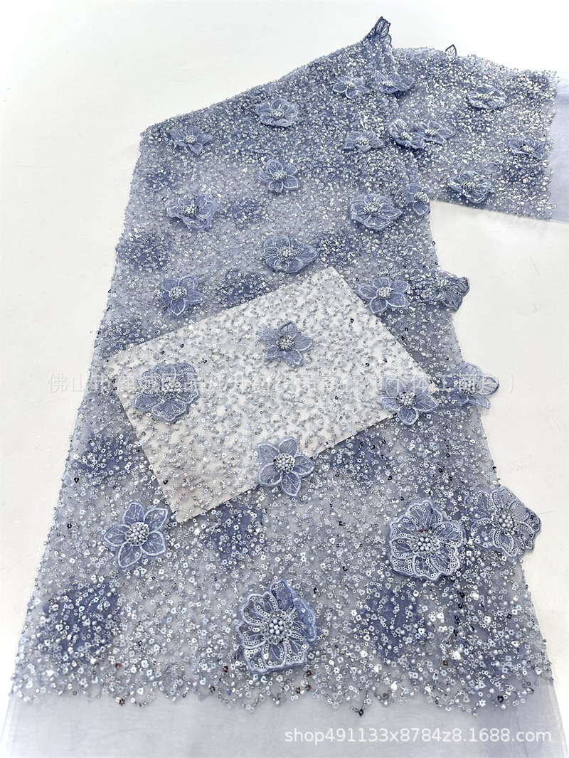 Moda full sequinilla tubo de perlas bordado tela de encaje estereoscópico mano calcomanías tela de vestido de boda alta fijación