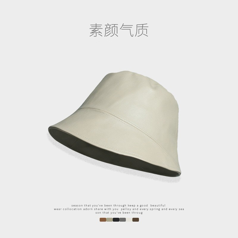 Nicho diseñador pescador sombrero mujer PU cuero casual negro cubo sombrero Otoño e Invierno sombrero de cuero cara pequeña cuenca sombrero Masculino