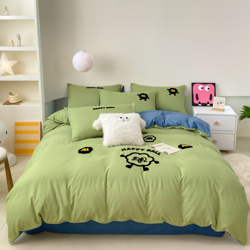 2024 New Comfortable Skin-friendly Towel Embroidered Washed Cotton Four-piece Cartoon Quilt Cover Single Student Dormitory