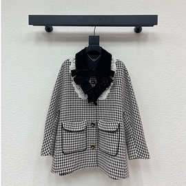 南油2025秋冬新款高端女装上衣复古千鸟格蕾丝拼接丝绒长款外套