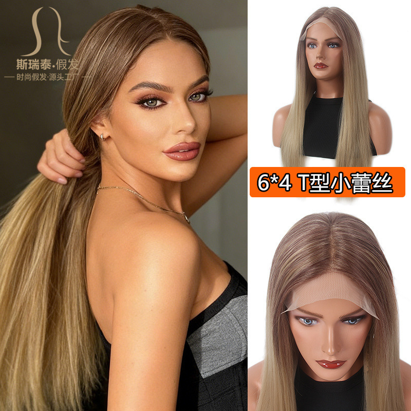 Guangdong Lace Front Wig with Gradient 613 Color, Small Lace, Middle Parting, Straight Brown Hair, T-Shaped Lace Wig Guangdong Lace Front Wig with Gradient 613 Color, Small Lace, Middle Parting, Straight Brown Hair, T-Shaped Lace Wig
