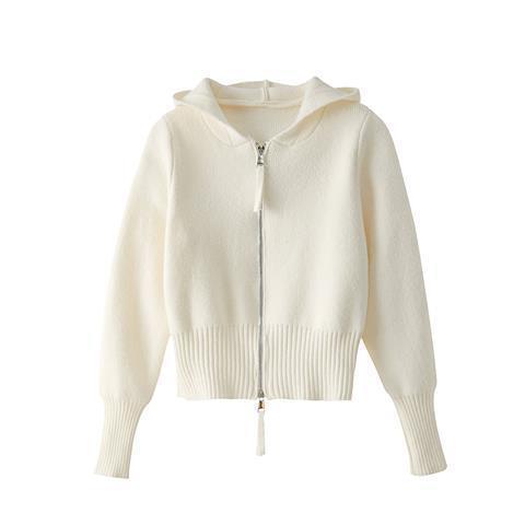 Korean Version 2025 Autumn New Solid Color Hooded Zipper Cardigan Knit Top Gentle Style Versatile Sweater Jacket for Women Korean Version 2025 Autumn New Solid Color Hooded Zipper Cardigan Knit Top Gentle Style Versatile Sweater Jacket for Women