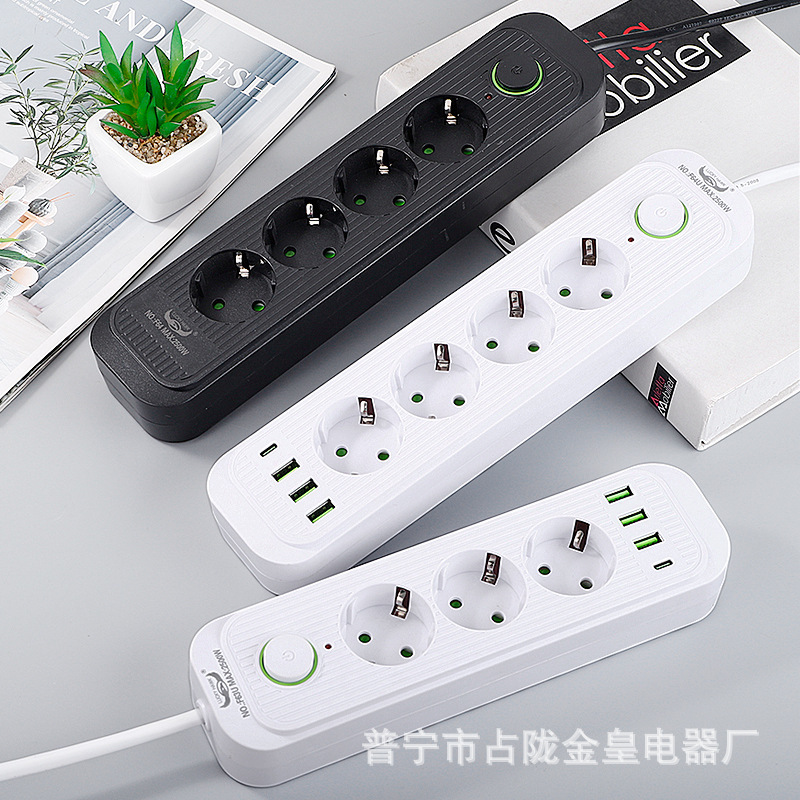 Negro europeo estándar europeo dos puertas de seguridad a tierra USB-C carga 2.1A enchufe de fila