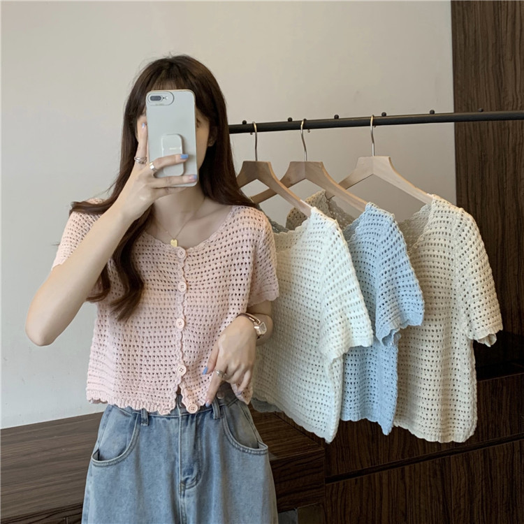 Crocheted hollow out ice silk knitted cardigan women's thin French retro short sleeve T-shirt small short unique top