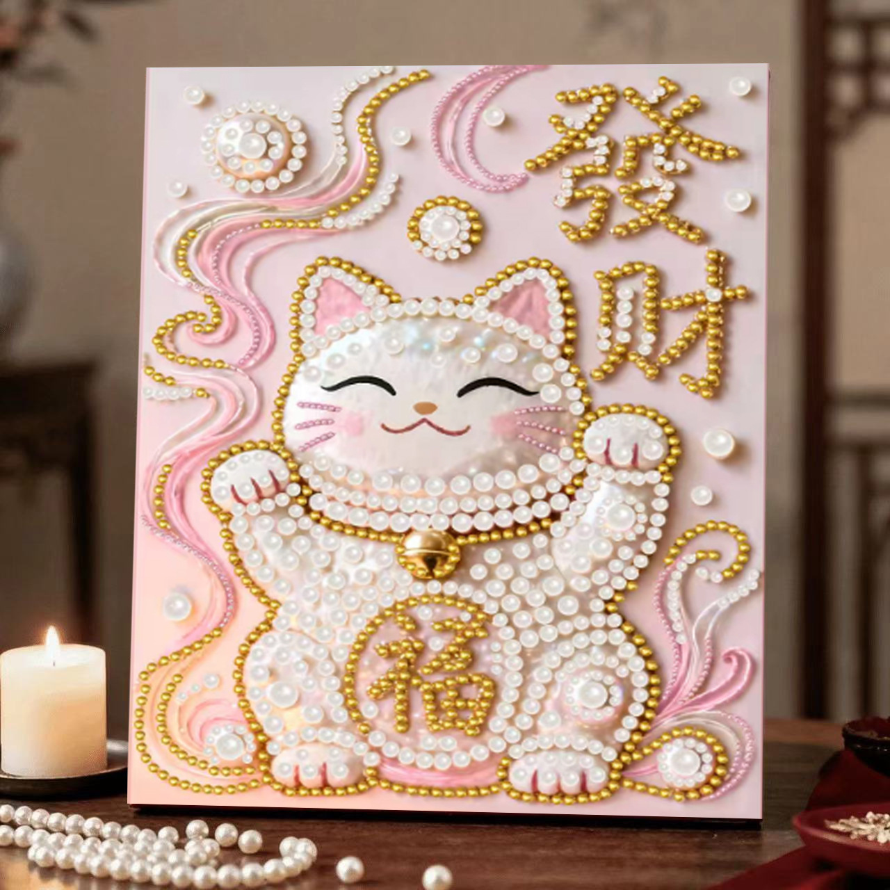 67c fortune cat / Comes with glue [30* 40cm nailed solid wood inner frame] + pearls + dotting pen + diamond plate + jelly glue