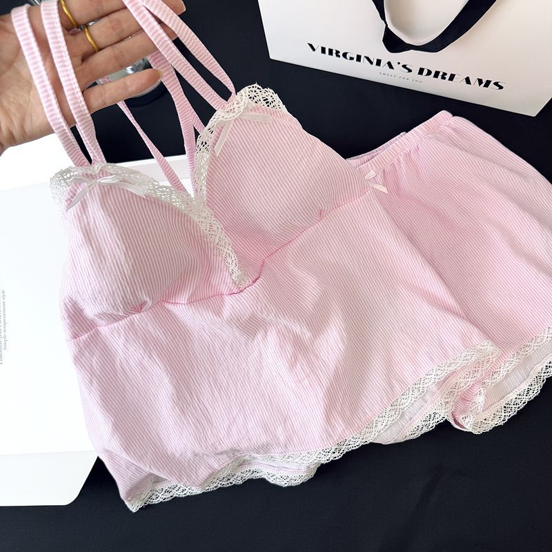 Pantalones cortos con cojín de pecho al por mayor transfronterizo pijamas de verano nuevas nubes de algodón de encaje a rayas set de ropa para el hogar