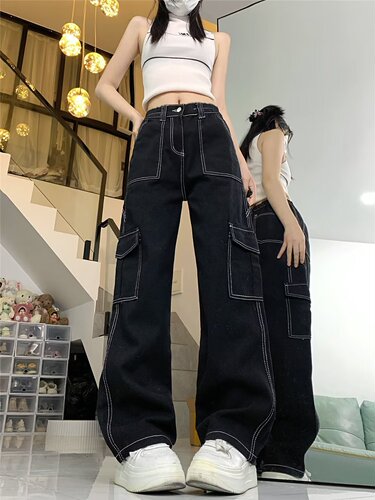 Jeans, women's straight leg loose spring and autumn new style, high waist, slimming, small man, wide leg overalls