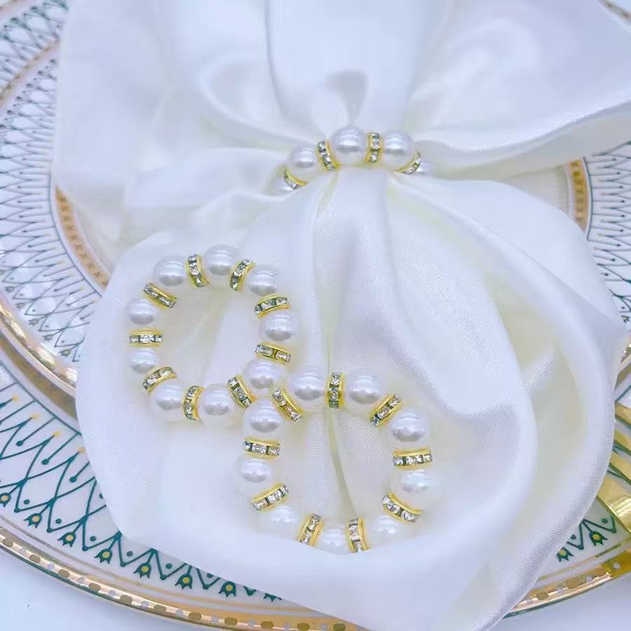Cross-Border Hot Selling Elastic Gold Rhinestone Pearl Napkin Ring Hotel Restaurant Table Decoration Napkin Buckle Manufacturer Wholesale