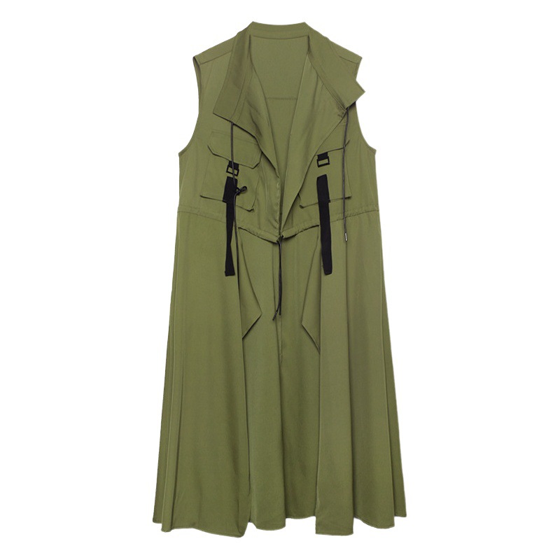 Estilo coreano traje suelto collar sin mangas Chaleco de primavera y otoño de las mujeres delgada cintura apretada diseño sentido nicho estilo occidental cardigan vestido