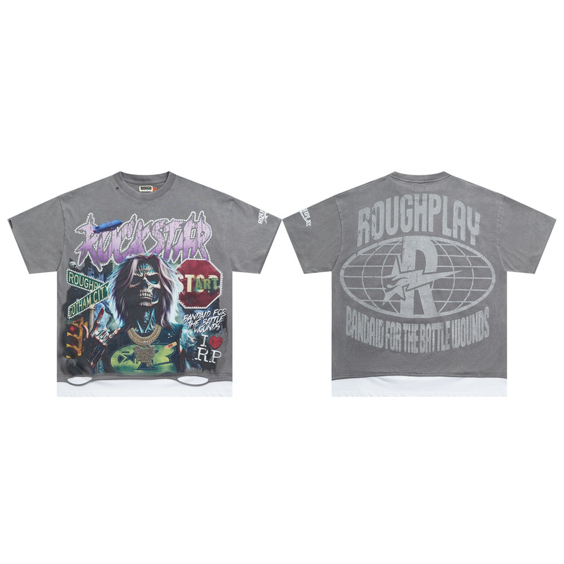 RoughPlay NYC T-Shirt美潮高街洗水做旧破洞大幅闪亮带钻短袖T恤|undefined