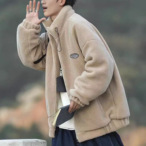 Japanese-style city boy cotton-filled winter coat for men, padded and thick, Korean-style lamb wool outer jacket, loose and trendy, stand-up collar cotton puffer jacket