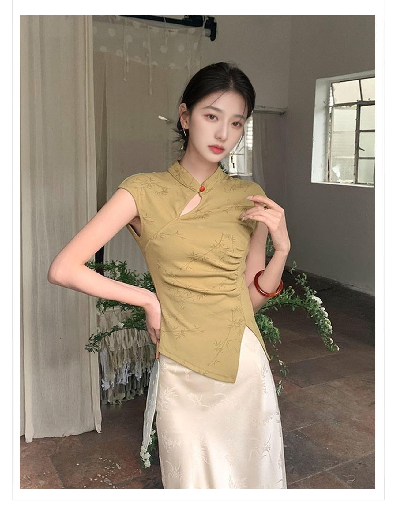 Váy midi acetate in hoa phong cách Trung Hoa mới mùa hè 2025 — Màu đen, Màu vàng, Màu hồng, Màu trắng chi tiết 2