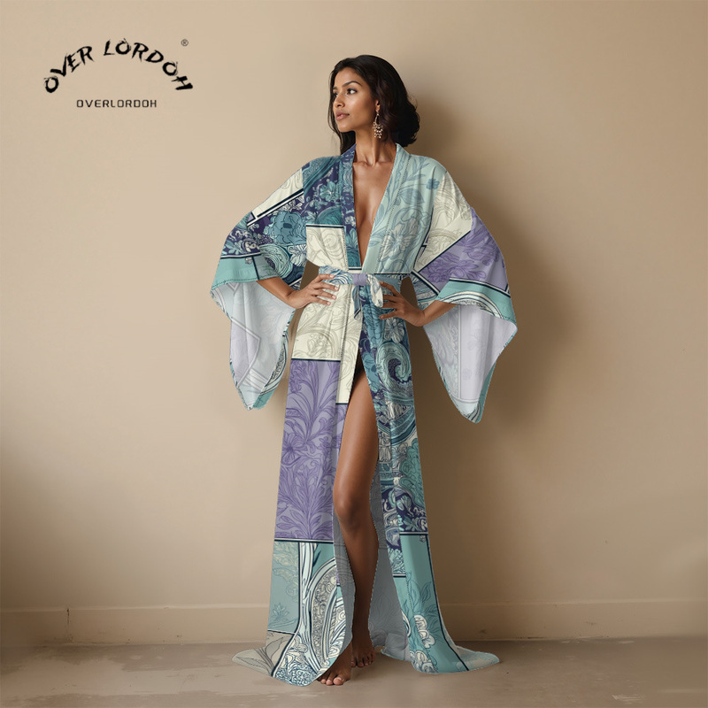 European and American Cross-Border Amazon Export New Long Casual 3D Printed Women's Robe with Belt Elegant Dress