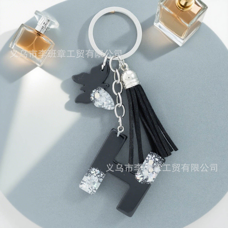 厂家供销银色亮片26英文字母钥匙扣蝴蝶流苏钥匙挂件女士包包挂件|undefined