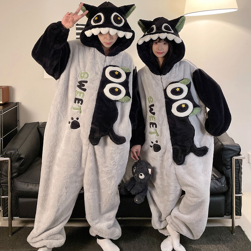 ワンピースのカップルのパジャマの女性の珊瑚の絨毯は厚いです。秋冬の男性のファスナーのフランネルの家の服は一体になります。|undefined