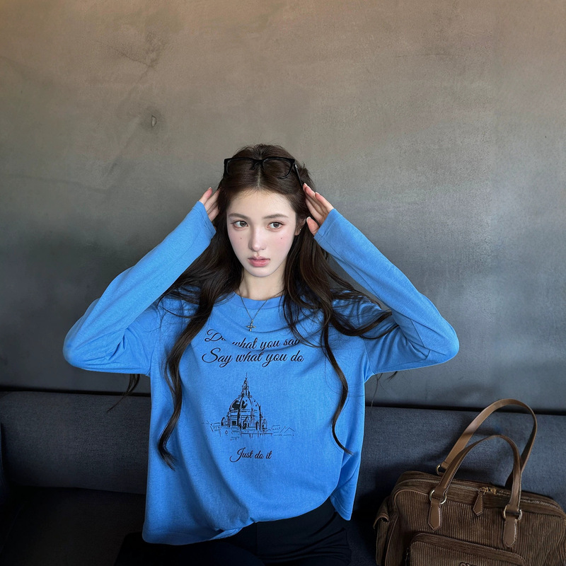 Korean-style blue long-sleeve T-shirt for women, autumn retro letter print top, loose casual base shirt