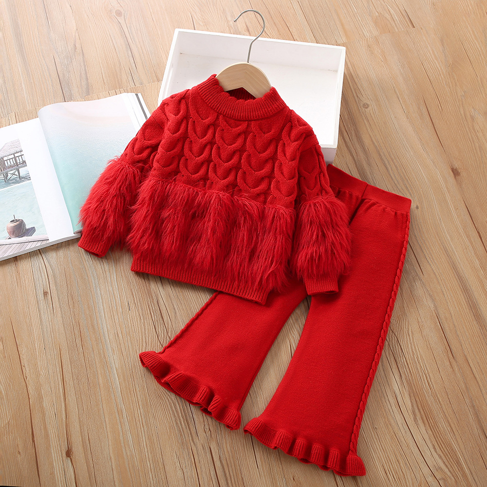 Conjunto de punto para niñas otoño-invierno 2024, estilo coreano – dos piezas (jersey y pantalón).