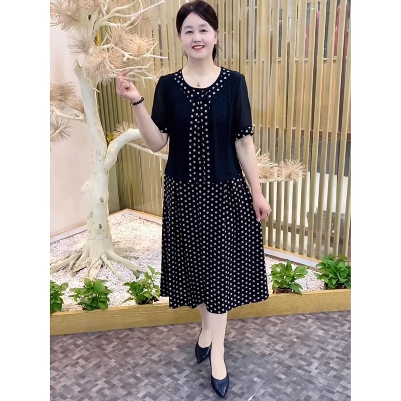 2025新款时尚妈妈连衣裙高腰宽松显瘦高级感假两件裙子中老年女装|undefined