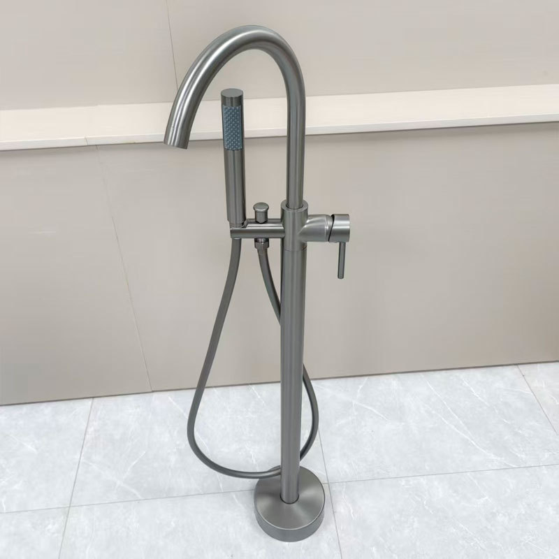 Brass Gun Gray Floor-Standing Bathtub Faucet with Wooden Barrel Column Basin Wall Connection Independent Hot and Cold Shower Head