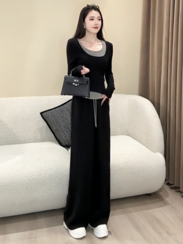 欧货时尚洋气运动休闲套装女春季2025爆款假两件T恤阔腿裤两件套|undefined