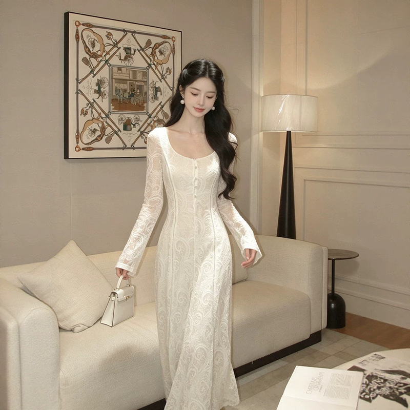 From One Moment【Paisley】Lace Knit Dress with Square Neck and Slightly Flared Sleeves, Slim Fit Long Dress for Autumn