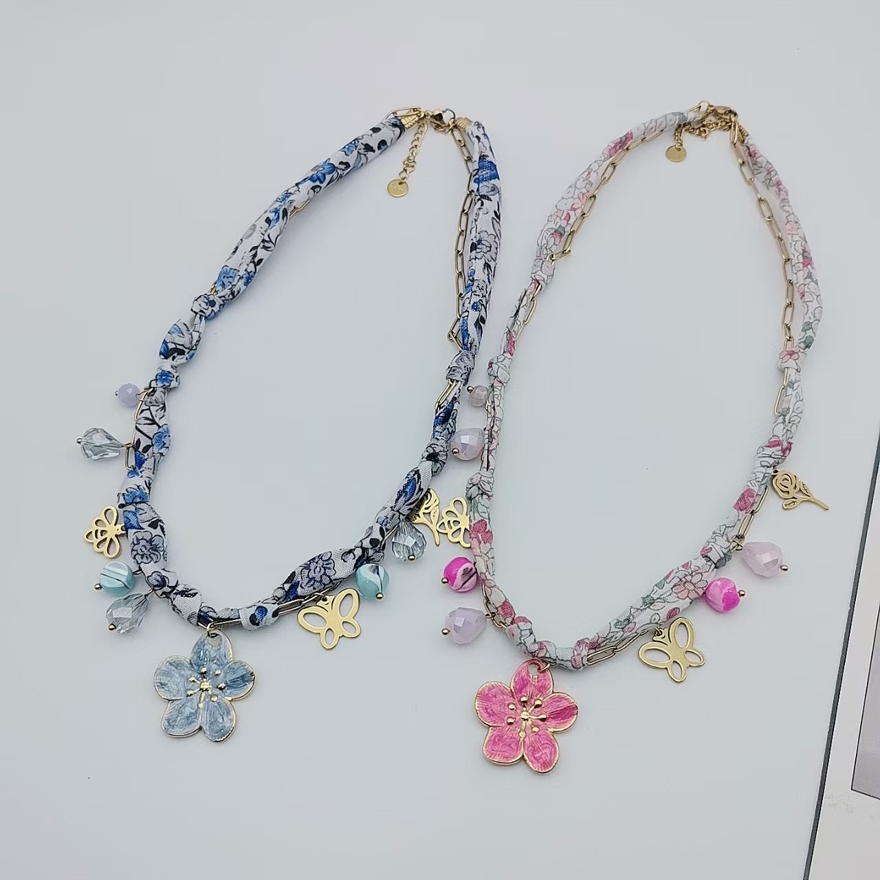 Flower Butterfly Elegant Beach 304 Stainless Steel Artificial Crystal Cloth Layered Necklaces Multi Charms Necklace Wholesale display picture 2