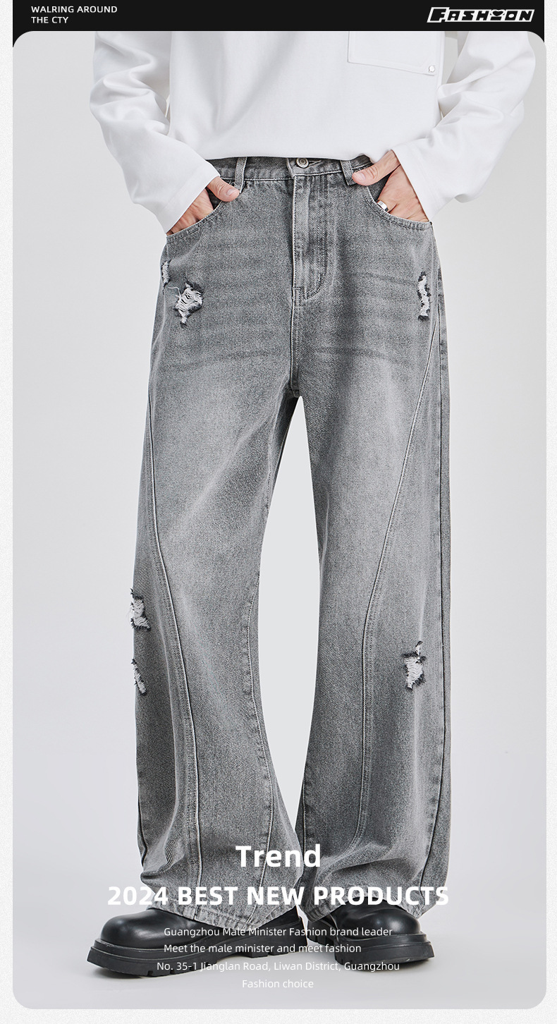 Men's High Street Jeans Trendy Sophisticated Loose Straight Leg Washed Distressed Ripped Long Pants Midweight Cotton_mkmklike.com