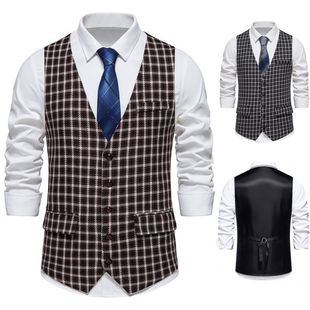 2025 Cross-Border New European Size Men's Retro Plaid V Neck Suit Vest Fashionable Single-Breasted Casual Vest