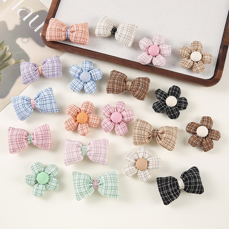 Cotton and Linen Fabric Plaid Handmade Five-Petal Flower Cotton-Filled Bow Jewelry Accessories DIY Hair Accessories Brooch Material