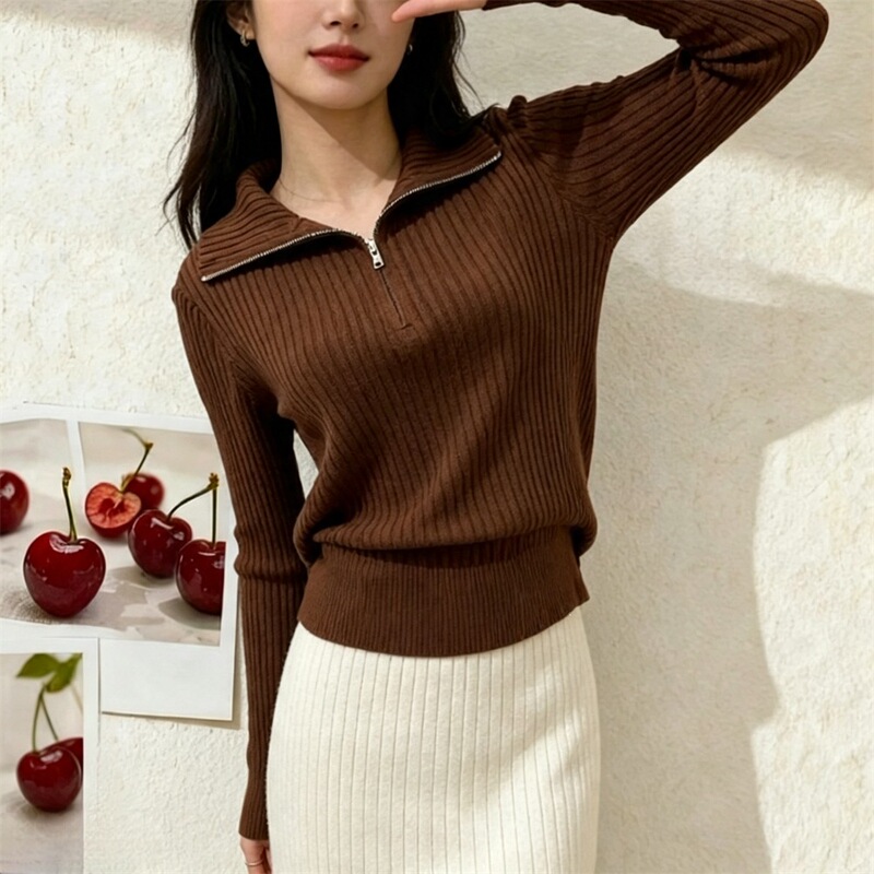 Half-zip polo collar sweater, knitted top for women, new spring/autumn style, with a thickened inner layer, suitable for layering in autumn and winter