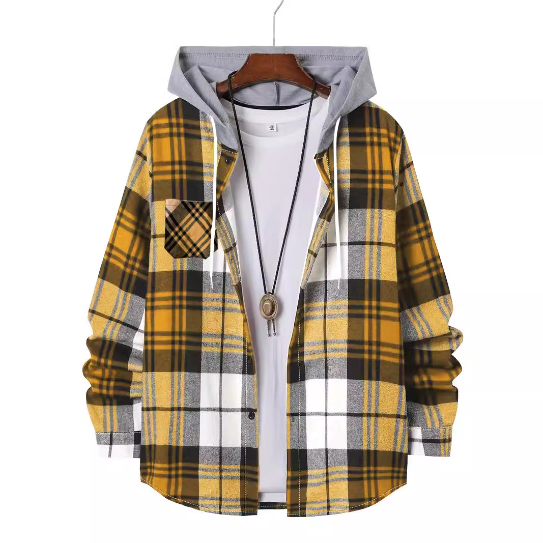 Monochrome Man- Cross-Border European American Men's Spring And Autumn Casual Cotton Blend Hooded Long-Sleeve Plaid Shirt_voghion.com