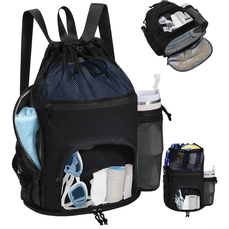 Factory wholesale swimming bag mesh drawstring backpack wet and dry separation beach fitness exercise drawstring backpack
