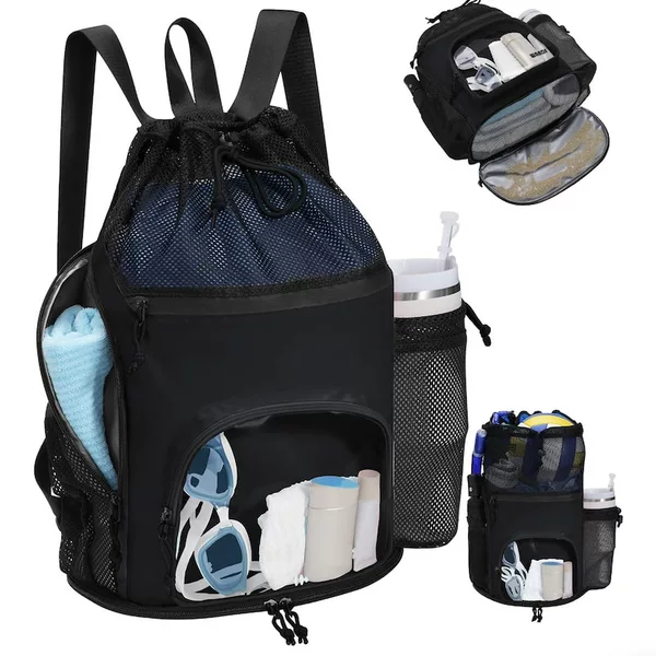 Factory wholesale swimming bag mesh drawstring backpack wet and dry separation beach fitness exercise drawstring backpack