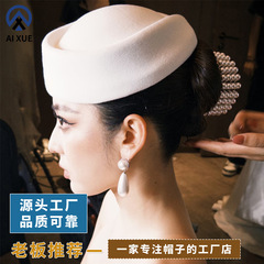 赫本风平顶小礼帽法式高级感空姐帽时尚新娘毛毡帽子复古贝雷帽子