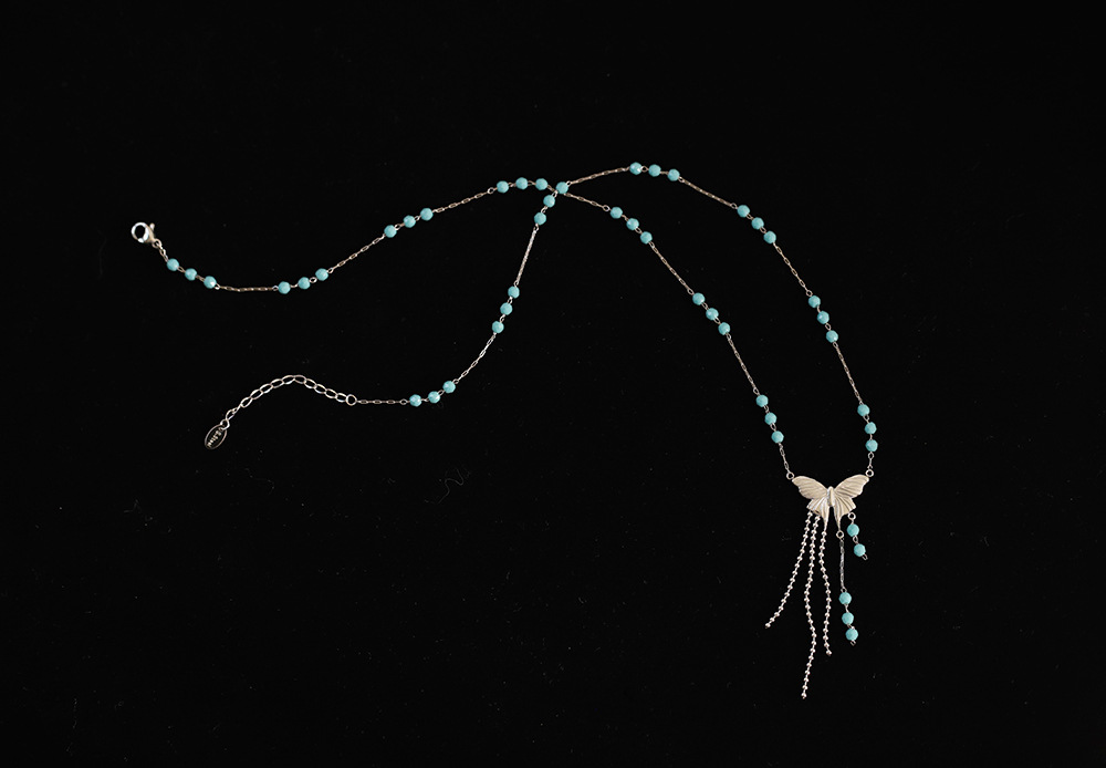 Blue Bead Butterfly Fringe Stainless Steel Necklace
