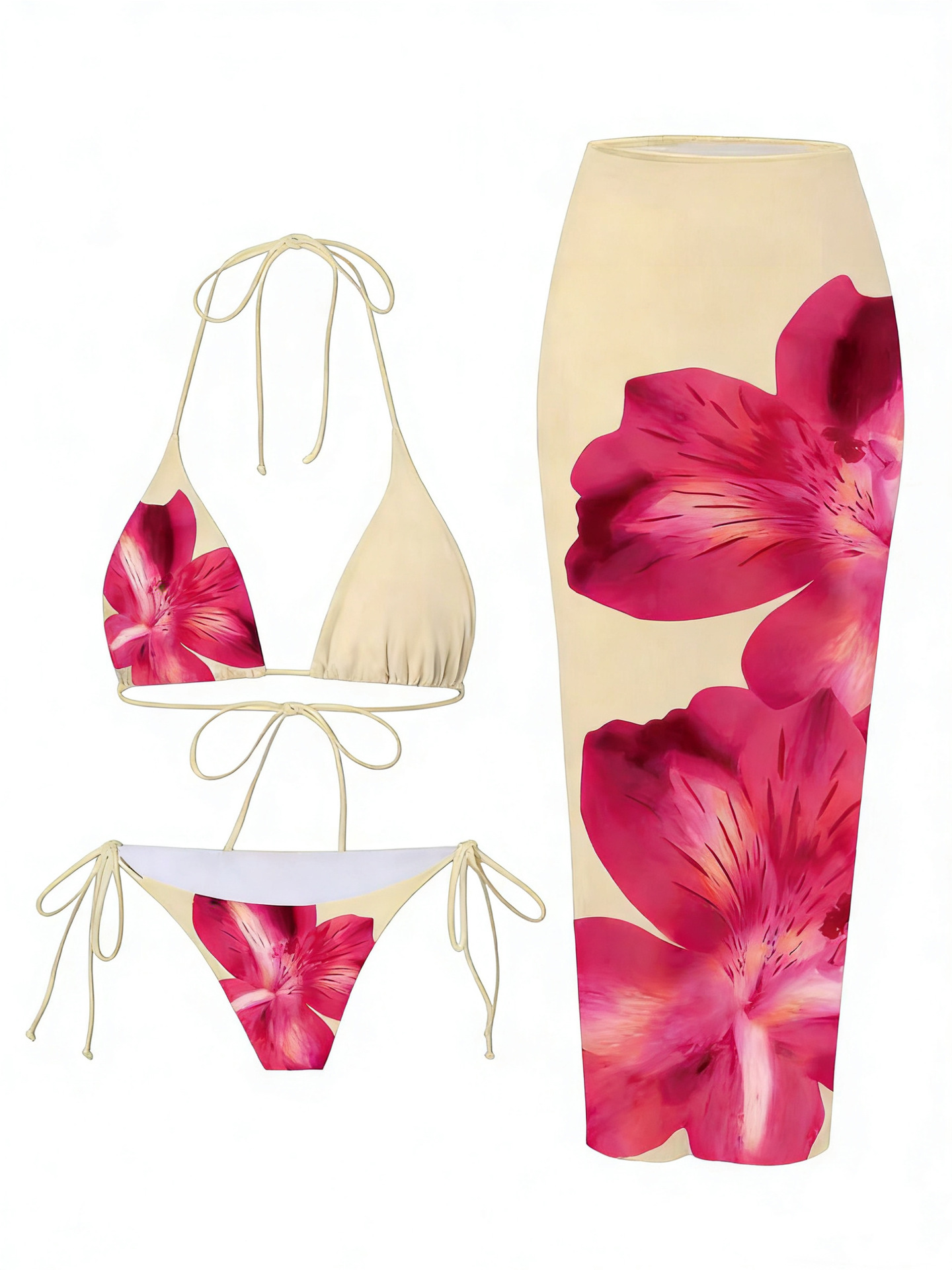Women's Lily Print Three Piece Bikini Set With Wrap Skirt_voghion.com
