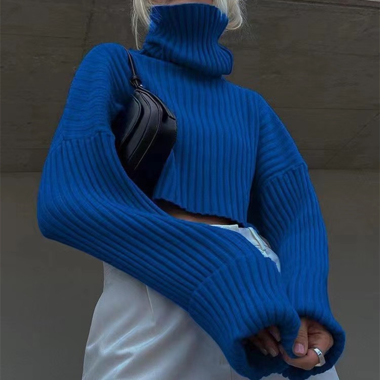 跨境外贸高领短款毛衣外套上衣女秋冬纯色保暖显瘦简约套头针织衫