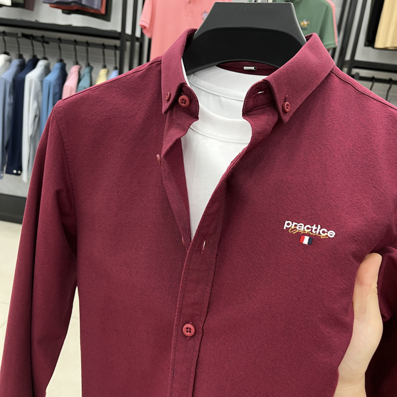 American High-end Long-sleeve Casual Solid Color Embroidered Men's Shirt, Autumn Top_voghion.com
