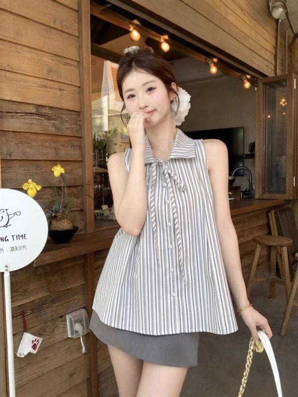 工場供給デザインフレンチハイエンドストライプリボンシャツノースリーブトップ学生スリムベスト女性夏|undefined