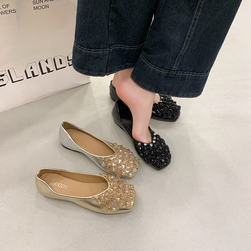 Square-Toe Flat Shoes for Women 2026 New Spring and Summer French Style Crystal-Embellished Fairy Flats with Soft Soles and Shallow Mouth