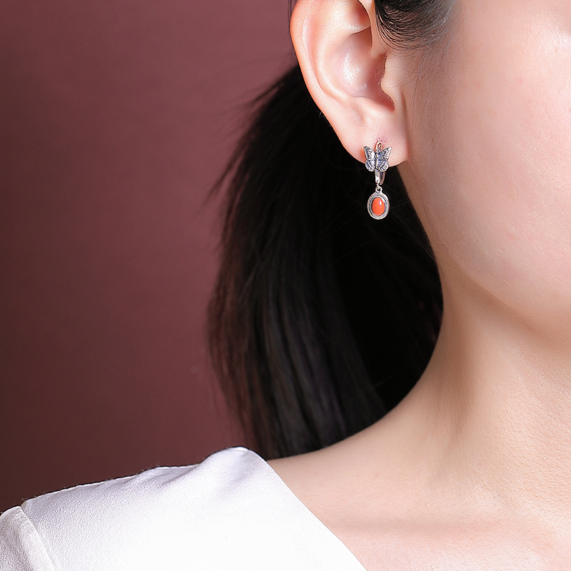Bông tai bạc S925 mặt đá mắt mèo đỏ Nam, ngọc lam, kiểu retro cổ điển, mặt trứng bướm — Ngọc lam