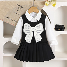 亚马逊跨境外贸童装韩版秋冬女童长袖衬衫蝴蝶结纯棉背心+百褶裙