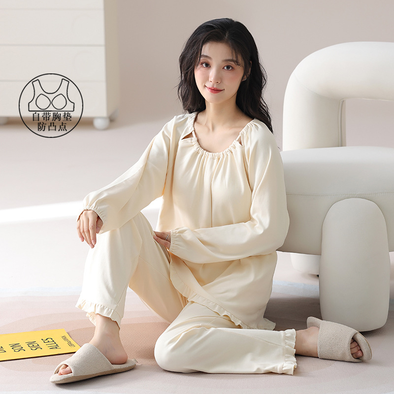 Spring and Autumn Women's Pajamas Long Sleeve Pure Cotton Thin Style with Breast Pad All-In-One Bra-Free Wearable Women's Solid Color Home Clothes