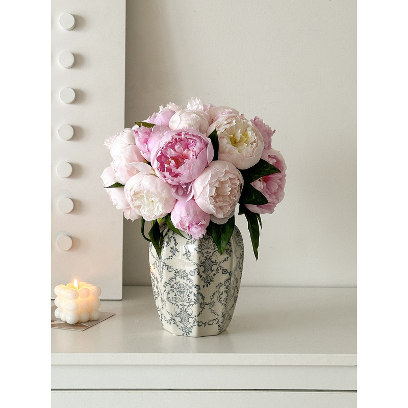 Nuevo jarrón de cerámica azul china nueva decoración de estilo chino sala de estar floral decoración de vestíbulo de estilo antiguo peonía floral