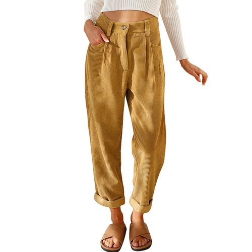 Women's Fall High-Waisted Casual Pants European and American Solid Color Corduroy Loose Straight Leg Pants