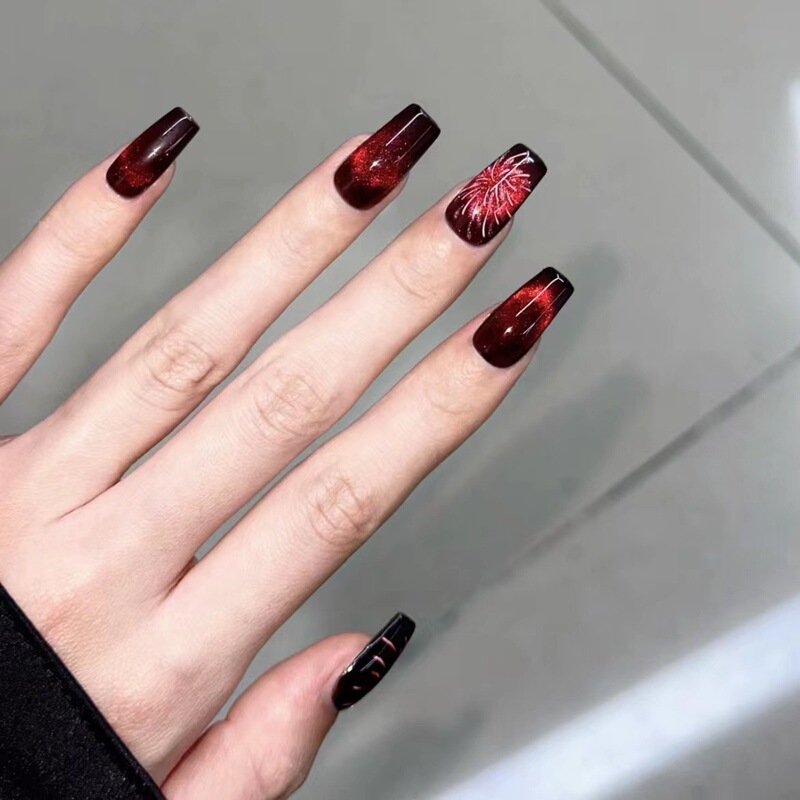 Fireworks cat eye nail patch New Year armor fireworks wear nail autumn and winter wine red handmade nail beauty piece wholesale Fireworks cat eye nail patch New Year armor fireworks wear nail autumn and winter wine red handmade nail beauty piece wholesale