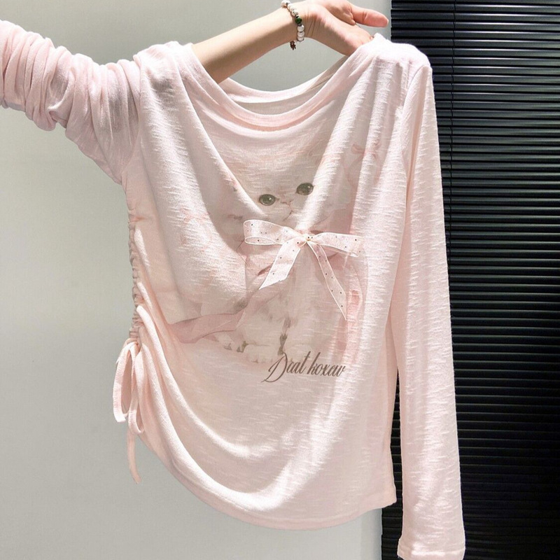 Korean-Style Early Summer Sun-Protective Long-Sleeve Women's Blouse, New Spring and Autumn Style, Single-Sided Drawstring Waist-Cinching, Slimming, Versatile, Age-Reducing Top