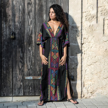 欧美人棉印花沙滩罩衫性感前后V长袍式度假防晒衫比基尼罩衫跨境