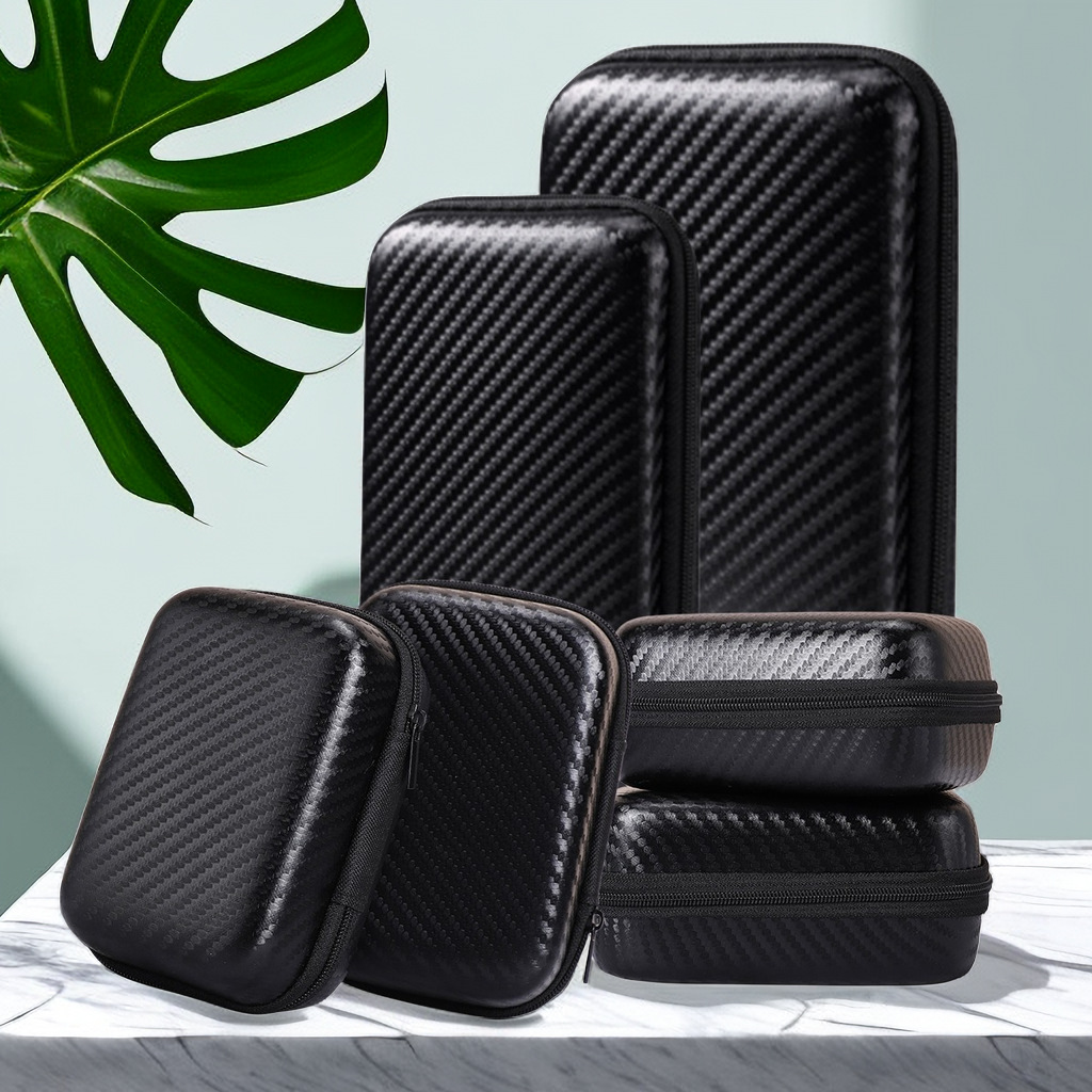 Black Eva Earphone Bag with Grass Pattern External Hard Drive Bag PU Camera Bag Digital Storage Bag Data Cable Storage Bag